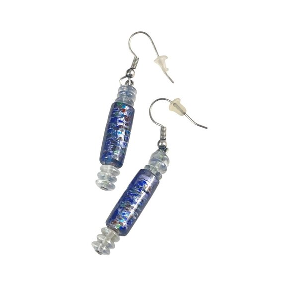 Handcrafted Glass Bead Dangle Earrings With Blue & Clear Accents Boho Beachy - Picture 3 of 6